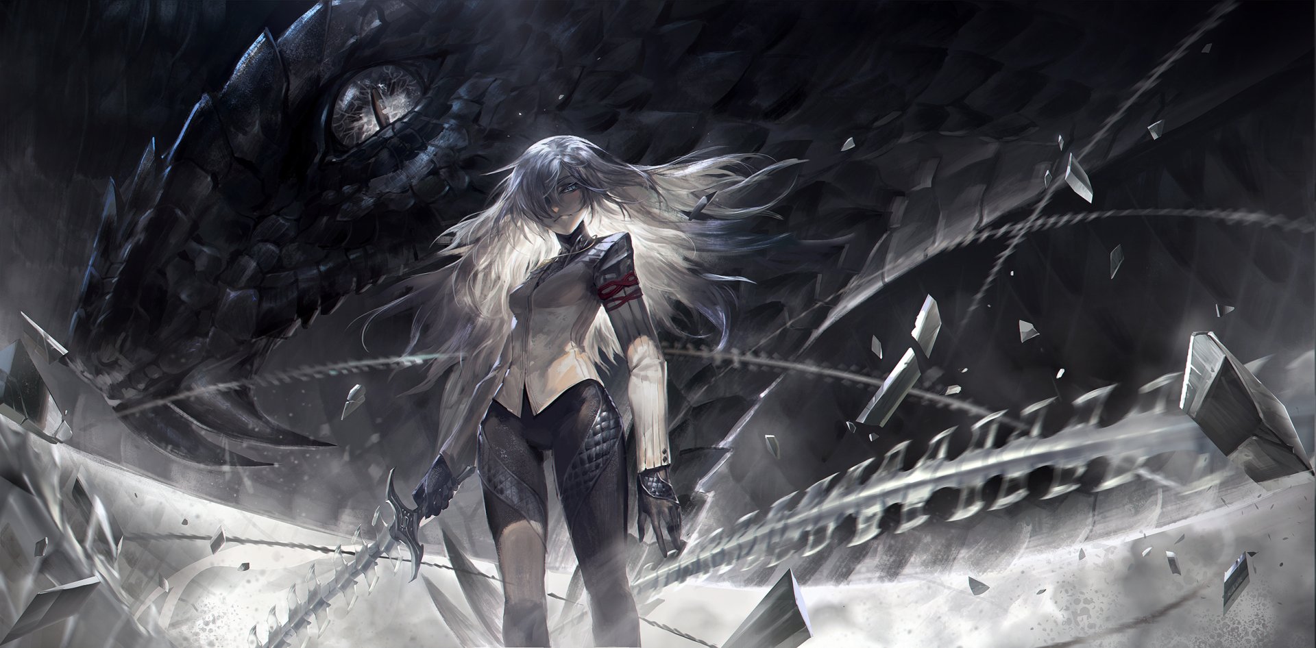 HD desktop wallpaper depicting an anime warrior with a whip, standing boldly before a gigantic snake, rendered in dramatic grayscale tones.