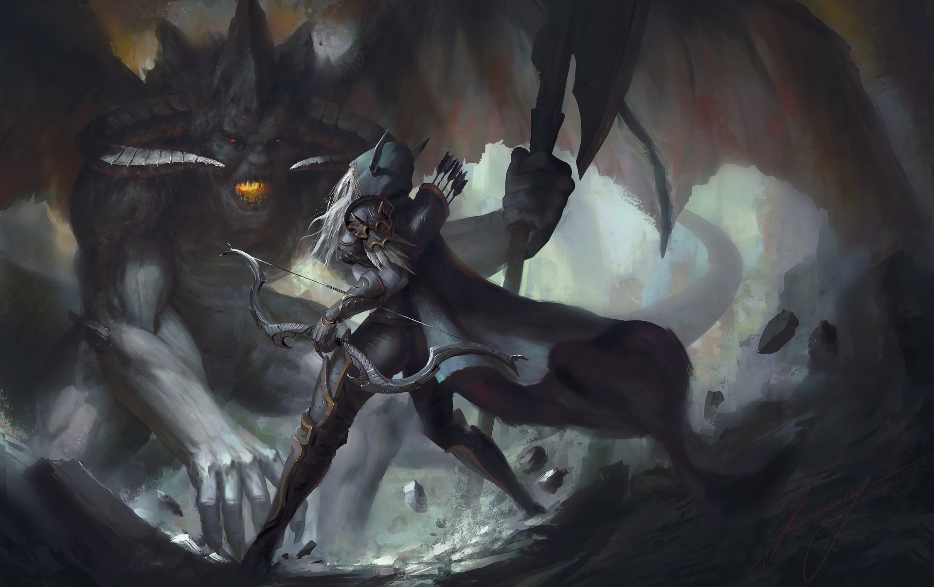 A dramatic HD PC desktop wallpaper from the video game Heroes of the Storm, featuring a heroic character facing a powerful, shadowy creature in a dark, ominous setting.