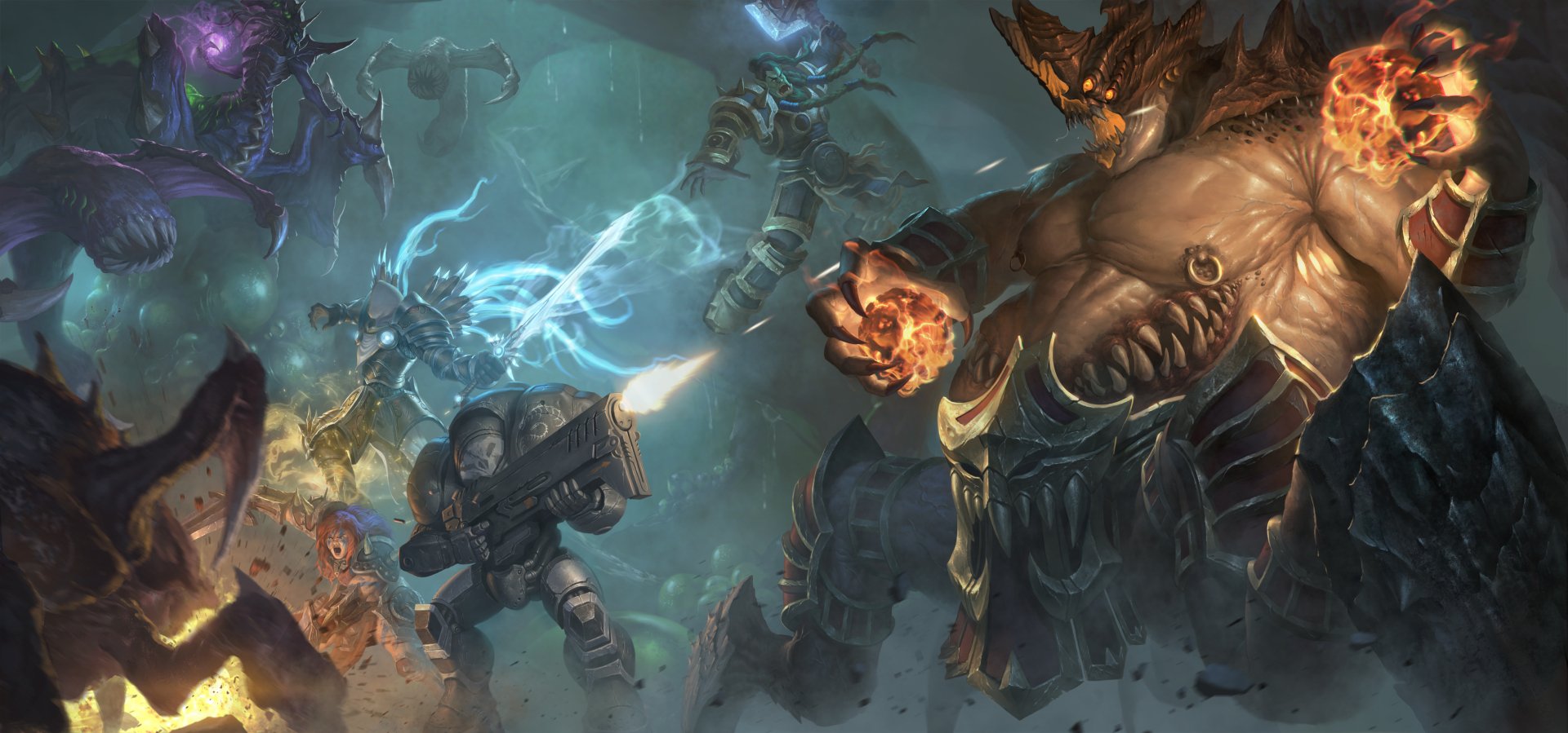 4K Ultra HD Heroes of the Storm PC desktop wallpaper featuring a dynamic battle scene with diverse video game heroes and monstrous enemies in an intense, dark environment.