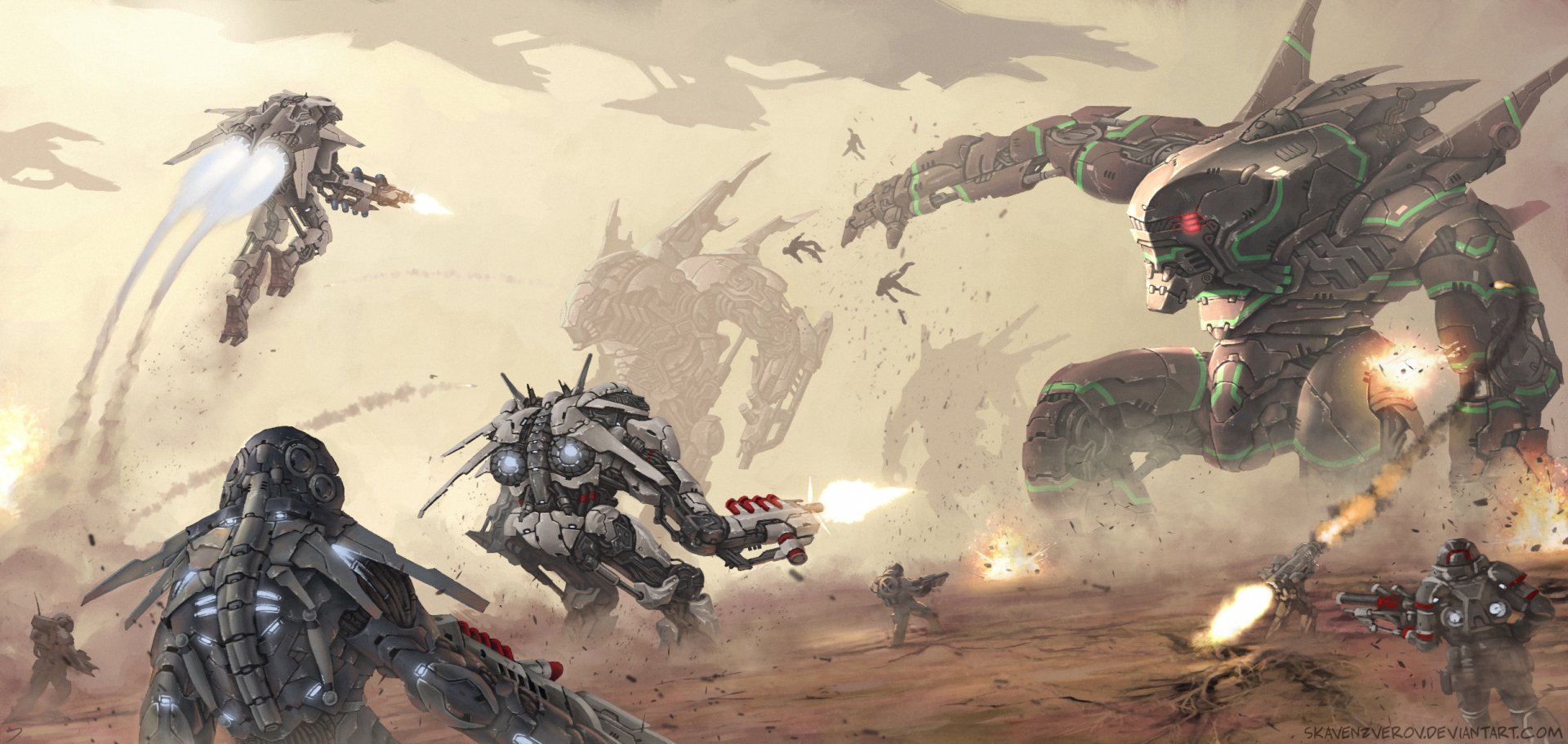 HD Sci-Fi battle scene wallpaper depicting armored mech warriors engaged in intense combat on a dusty, war-torn battlefield under a cloudy sky.