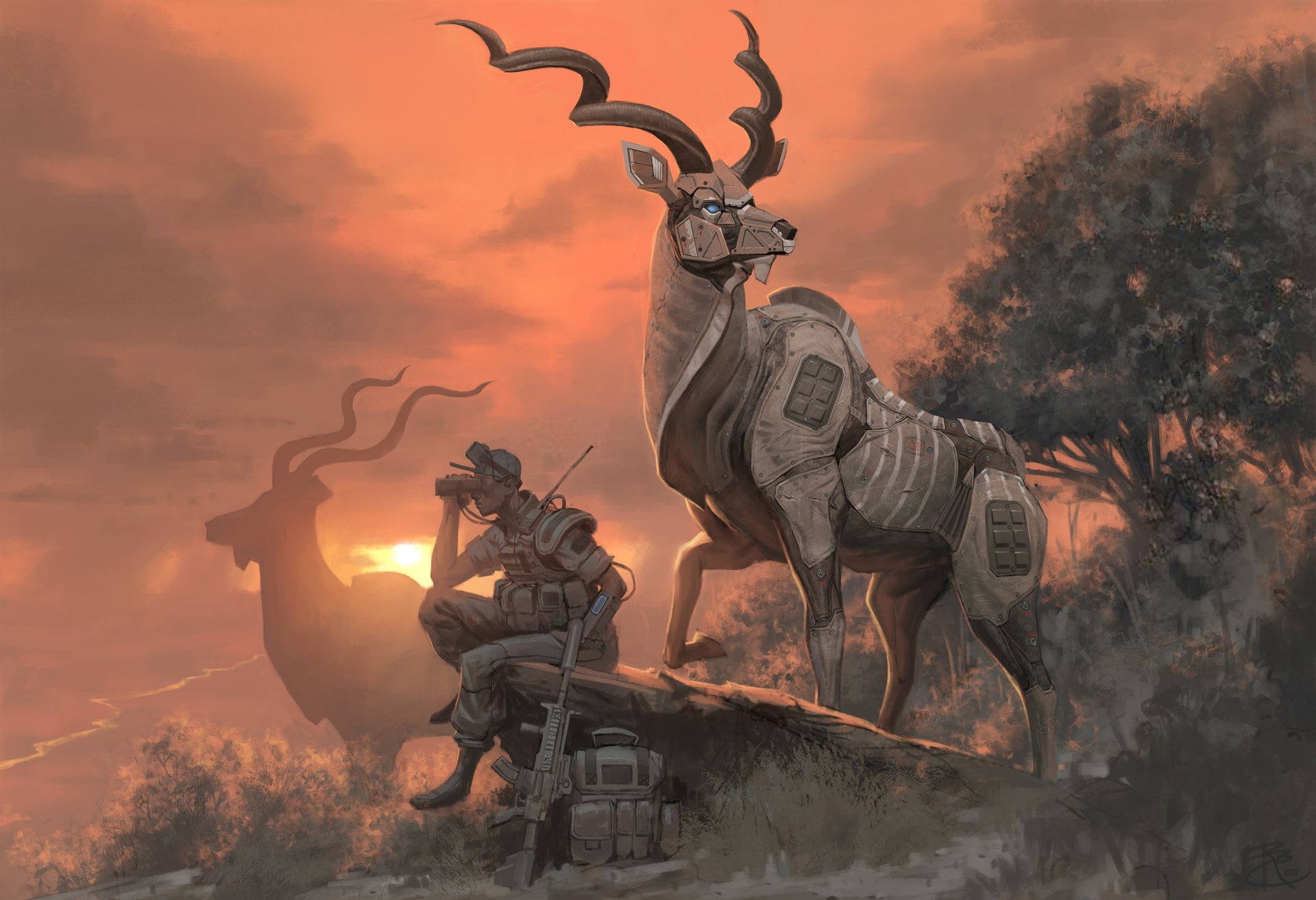 HD desktop wallpaper featuring a sci-fi scene with a robotic deer and soldier in a dystopian landscape at sunset.