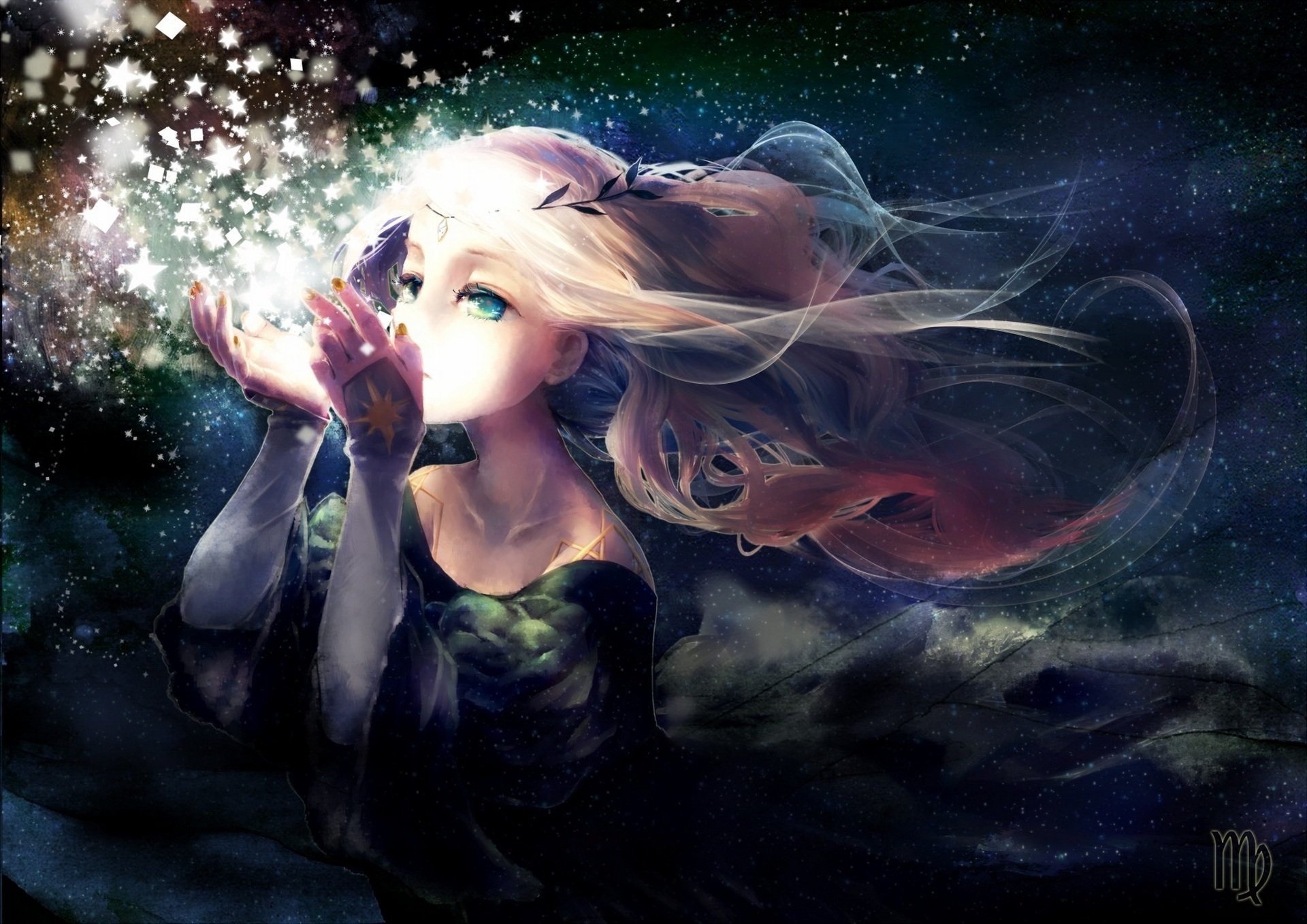 An enchanting original anime-style desktop wallpaper featuring a mystic girl with flowing hair, surrounded by sparkling stars against a cosmic backdrop.