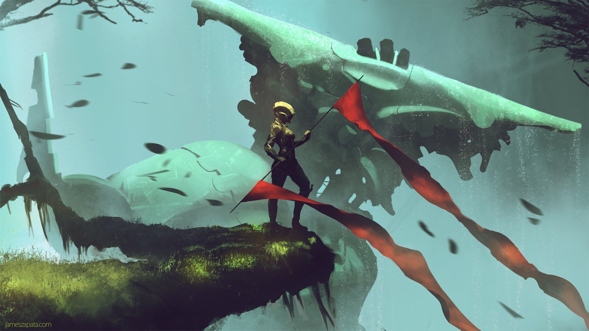 A futuristic scene depicting a lone figure standing on a mossy ledge with flowing red ribbons, overlooking a massive, rusted robot in a misty, ethereal landscape. Sci-fi desktop wallpaper.