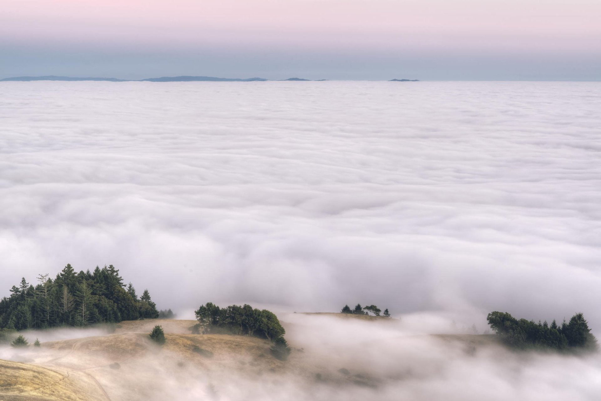 A breathtaking landscape featuring a serene sea of clouds enveloping lush greenery, inviting a sense of tranquility and the beauty of nature. HD desktop wallpaper displaying fog-draped vistas.