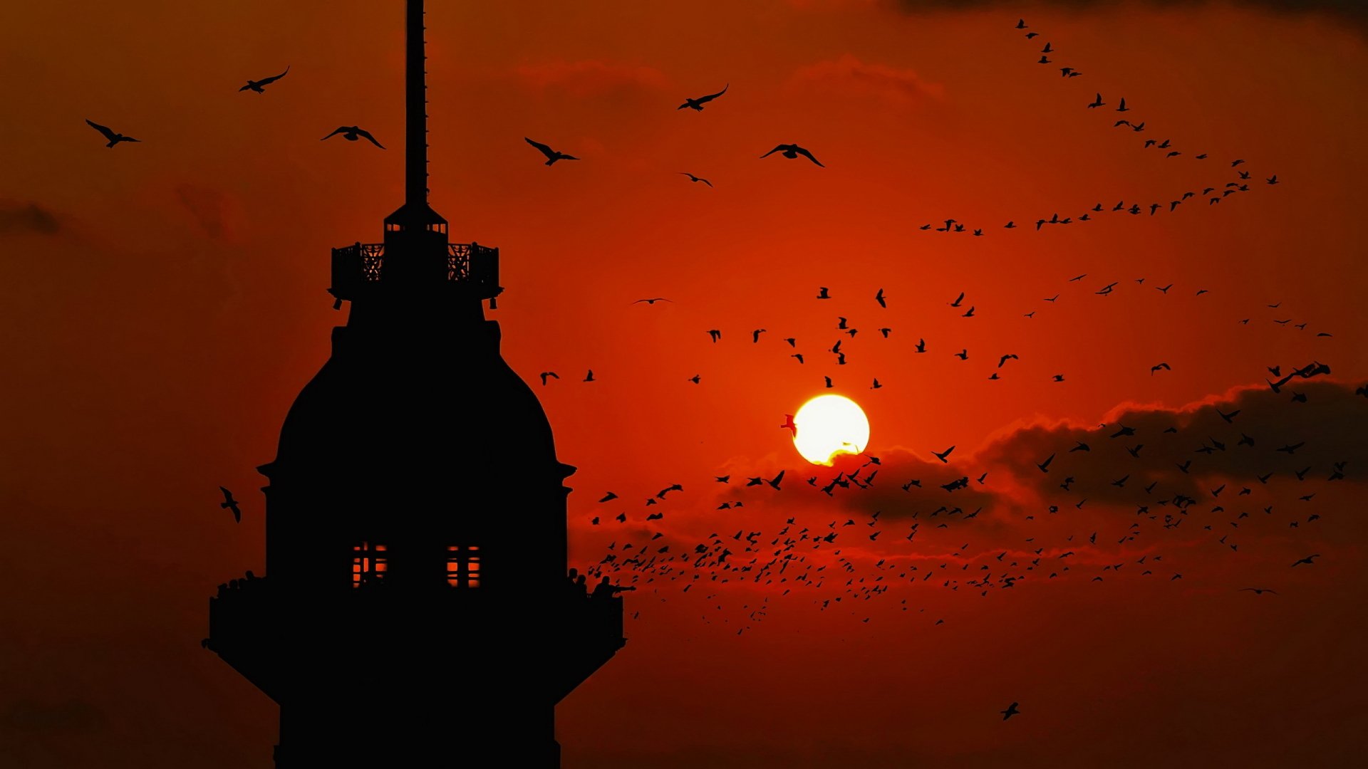 Silhouette of a man-made tower in Istanbul against a vibrant orange sunset sky filled with flying birds, captured as an HD PC desktop wallpaper and background.