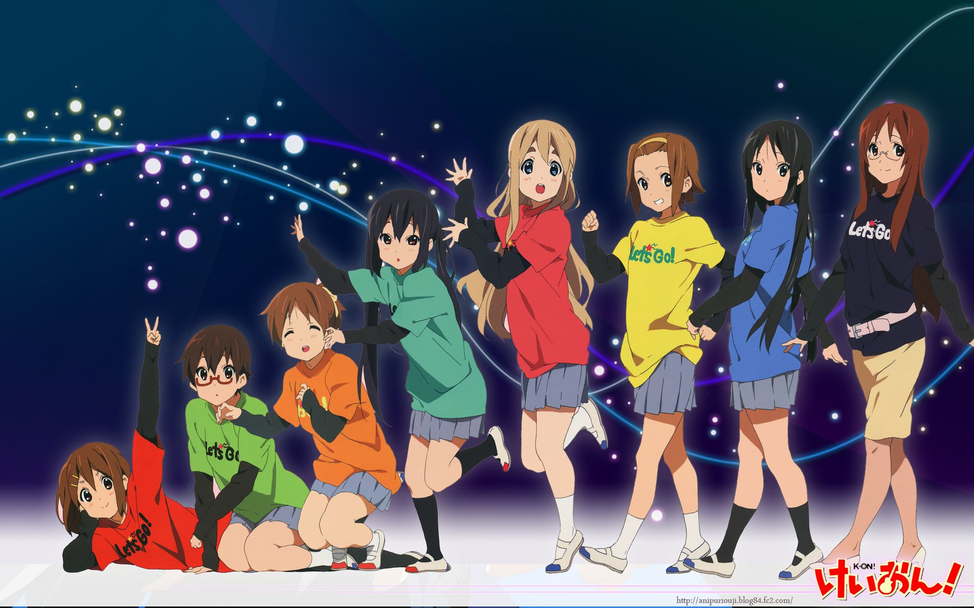 HD PC desktop wallpaper featuring the K-ON! anime cast in colorful casual outfits against a dark, starry background with glowing, swirling light effects.