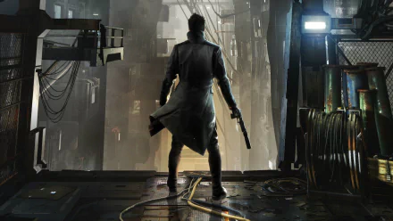 HD wallpaper featuring Adam Jensen from Deus Ex: Mankind Divided, standing in a futuristic, dimly lit environment, ready for action with a weapon in hand.