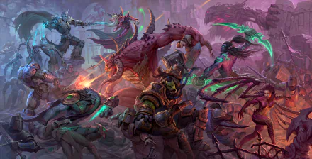A vibrant 4K Ultra HD wallpaper featuring intense action from the video game Heroes of the Storm, showcasing various heroes battling dynamic creatures in a fantastical setting.
