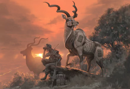 HD desktop wallpaper featuring a sci-fi scene with a robotic deer and soldier in a dystopian landscape at sunset.