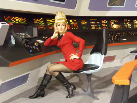 A woman in a red cosplay outfit poses confidently on a chair in front of a colorful control panel, showcasing an HD desktop wallpaper featuring a vibrant sci-fi theme.