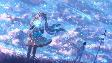 A stunning HD wallpaper featuring Hatsune Miku, an iconic Vocaloid character, set against a dreamy anime landscape filled with clouds and sparkling stars.
