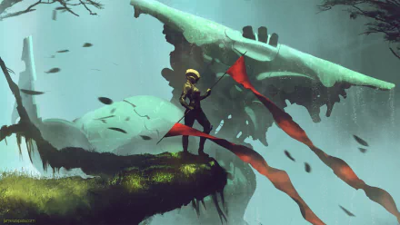 A futuristic scene depicting a lone figure standing on a mossy ledge with flowing red ribbons, overlooking a massive, rusted robot in a misty, ethereal landscape. Sci-fi desktop wallpaper.