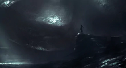 A dark fantasy scene featuring a massive whale under a stormy sky, with a lone figure standing on a rocky outcrop, evoking a sense of mystery and awe. HD wallpaper for PC backgrounds.