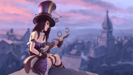 An HD desktop wallpaper featuring Caitlyn from the video game League of Legends, set against a scenic background with architectural elements and a pink-hued sky.