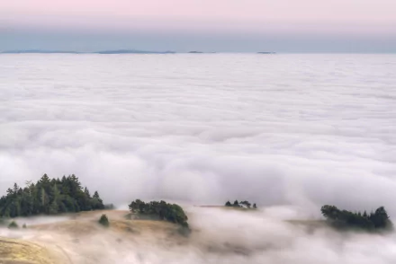 A breathtaking landscape featuring a serene sea of clouds enveloping lush greenery, inviting a sense of tranquility and the beauty of nature. HD desktop wallpaper displaying fog-draped vistas.