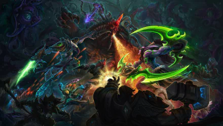 A dynamic scene from the video game Heroes of the Storm, showcasing vibrant characters and intense action in a dark, fantastical setting. 4K Ultra HD quality enhances the dramatic visuals.