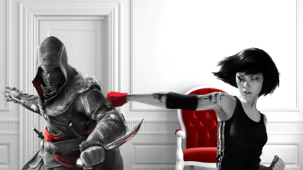 HD PC desktop wallpaper featuring a dynamic collage of Faith Connors from Mirror's Edge and Ezio from Assassin's Creed II in action poses against a minimalistic background.