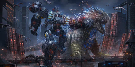 HD desktop wallpaper depicting a sci-fi battle between a giant robot and a massive creature amidst a futuristic cityscape.