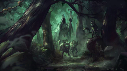 A dark fantasy HD PC wallpaper featuring a hooded mage holding a staff, accompanied by a fierce wolf, standing in an eerie forest shrouded in green mist.