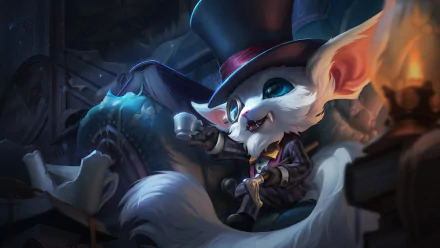 HD League of Legends desktop wallpaper featuring Gnar in a top hat, posed with a teacup in a whimsical, detailed setting.