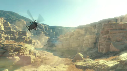 Metal Gear Solid V: The Phantom Pain video game HD PC desktop wallpaper — helicopter over a sunlit desert canyon, cinematic Metal Gear Solid background.