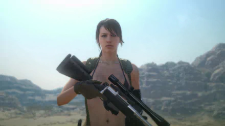 A HD wallpaper featuring Quiet from Metal Gear Solid V: The Phantom Pain, showcasing her in a desert landscape, armed with a sniper rifle.