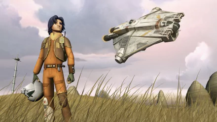 Ezra Bridger stands in a grassy field with The Ghost ship flying nearby, from the Star Wars Rebels TV show, featured as an HD PC desktop wallpaper.