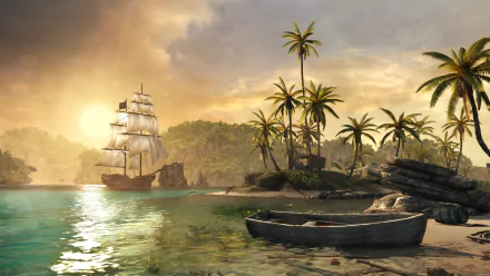HD desktop wallpaper from Assassin's Creed IV: Black Flag, featuring a scenic coastal landscape with a sailing ship, palm trees, and a small boat on the shore at sunset.