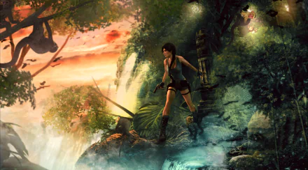 4K Ultra HD PC desktop wallpaper from the video game Tomb Raider: Underworld, featuring Lara Croft in a lush, mystical jungle setting at sunset.