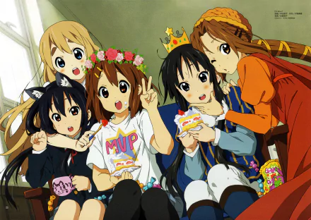 HD wallpaper featuring the K-ON! characters: Azusa Nakano, Tsumugi Kotobuki, Ritsu Tainaka, Yui Hirasawa, and Mio Akiyama, enjoying snacks and having fun together.
