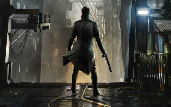 HD wallpaper featuring Adam Jensen from Deus Ex: Mankind Divided, standing in a futuristic, dimly lit environment, ready for action with a weapon in hand.