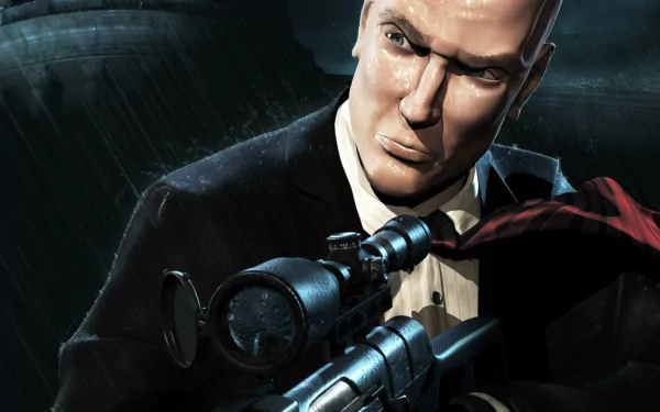 HD PC desktop wallpaper of the video game Hitman: Codename 47 — Agent 47 in a black suit aiming a scoped sniper rifle amid a rain-drenched, shadowy cityscape.