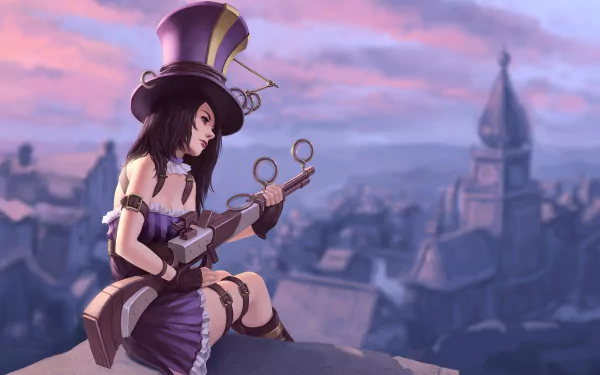 An HD desktop wallpaper featuring Caitlyn from the video game League of Legends, set against a scenic background with architectural elements and a pink-hued sky.