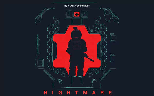 8K Ultra HD Alien: Isolation PC wallpaper showing a silhouetted figure in a futuristic suit against a red backdrop with the word NIGHTMARE and weapon outlines.