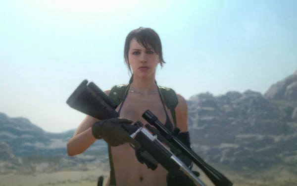 A HD wallpaper featuring Quiet from Metal Gear Solid V: The Phantom Pain, showcasing her in a desert landscape, armed with a sniper rifle.