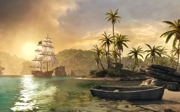 HD desktop wallpaper from Assassin's Creed IV: Black Flag, featuring a scenic coastal landscape with a sailing ship, palm trees, and a small boat on the shore at sunset.