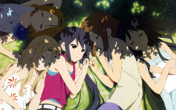 Anime-style 4K Ultra HD desktop wallpaper featuring characters from K-ON! relaxing under dappled sunlight in a serene outdoor setting.