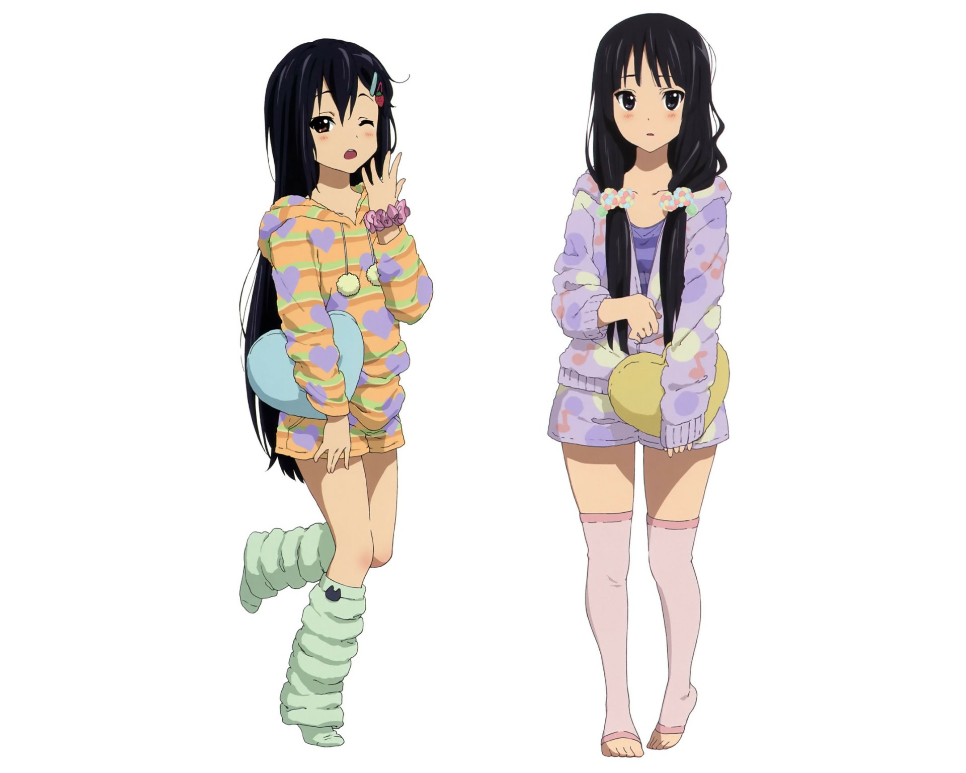 HD PC desktop wallpaper featuring Azusa Nakano and Mio Akiyama from the anime K-ON!, dressed in cozy pastel loungewear with thigh-high socks.