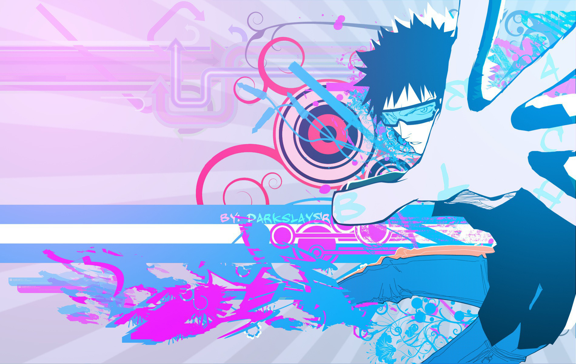 HD PC desktop wallpaper of Ichigo Kurosaki (Bleach) in a dynamic pose, reaching forward amid pink and blue abstract swirls and floral motifs.