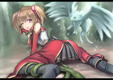 A vibrant HD wallpaper featuring Silica from Sword Art Online alongside her companion Pina, captured in a captivating anime style with enchanting backgrounds.