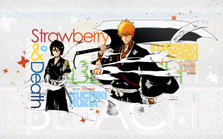A vibrant HD wallpaper featuring Ichigo Kurosaki wielding Zangetsu and Rukia Kuchiki with Sode no Shirayuki, set against a dynamic background inspired by the anime Bleach.