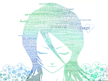 A serene portrait of Rukia Kuchiki from the anime Bleach, illustrated with intricate typography and soft colors, makes a striking HD PC desktop wallpaper and background.