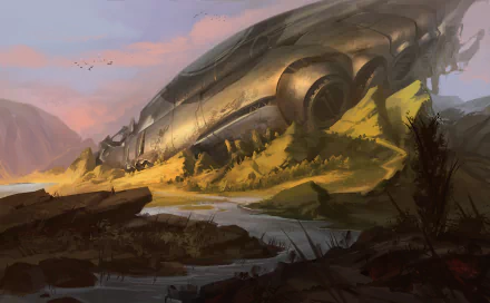 A detailed HD PC desktop wallpaper depicting a sci-fi spaceship resting near a winding river in a dramatic landscape at sunset.