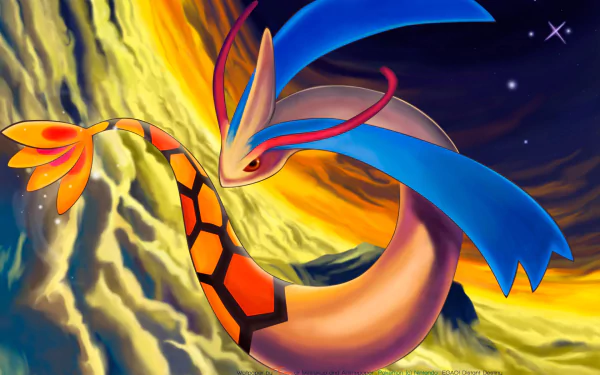 HD desktop wallpaper of a shiny Milotic Pokémon against a vibrant, anime-styled background. The Milotic features vivid colors, highlighted by a dynamic and colorful setting with stars and surreal landscapes.