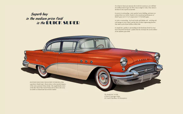 HD PC desktop wallpaper showing a vintage two-tone red-and-cream Buick Super vehicle illustration on a pale beige background.