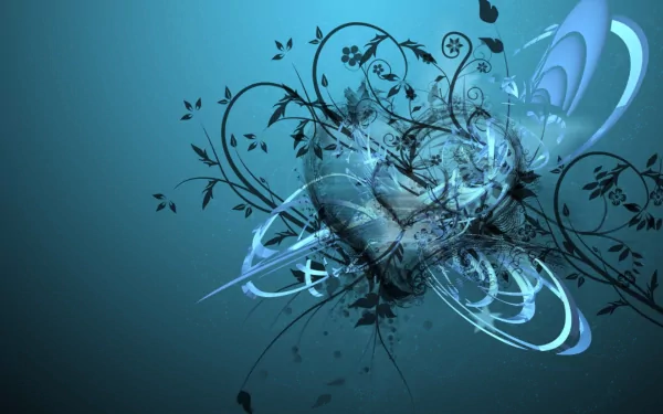 HD desktop wallpaper featuring an artistic heart design with intricate blue and black floral patterns on a teal background.