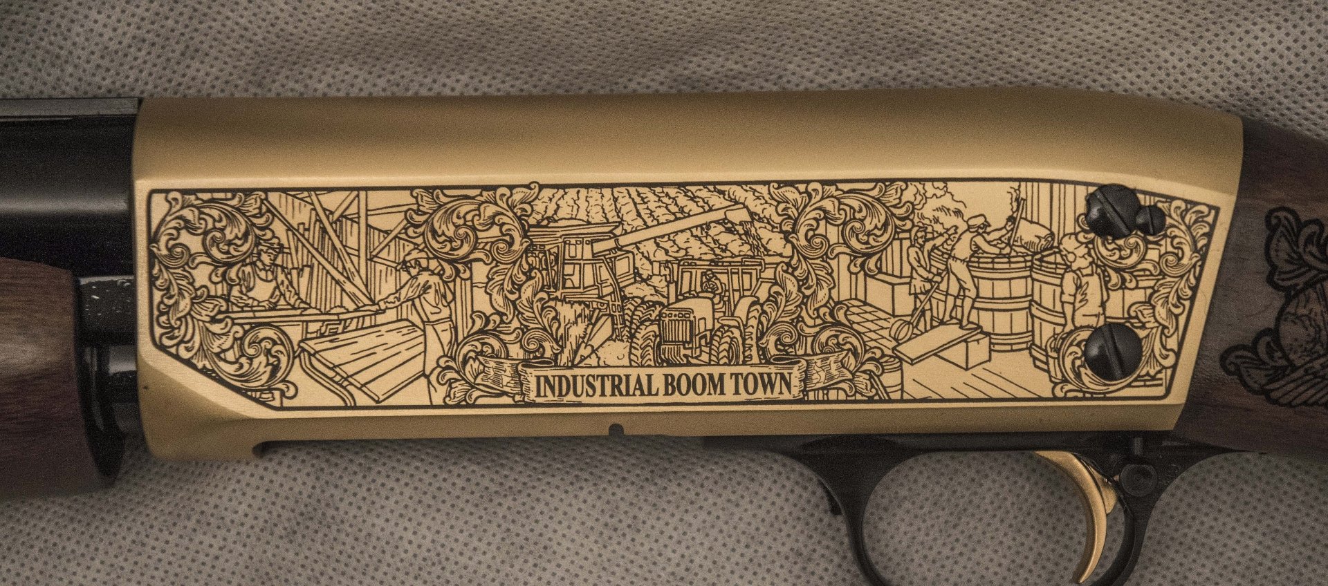 4K Ultra HD PC wallpaper featuring a close-up of a man-made shotgun engraved with a detailed Industrial Boom Town scene.