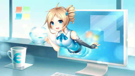 Anime Os-tan character in a blue outfit emerging from a computer monitor, floating over a tidy desktop with a browser-themed mug — HD PC desktop wallpaper/background.