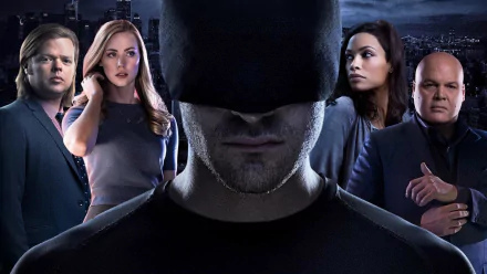 HD PC desktop wallpaper of Daredevil (TV show): masked hero centered, supporting characters flanking him against a dark city skyline.