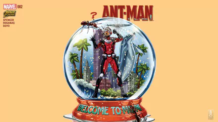A comic-style 4K Ultra HD desktop wallpaper featuring Ant-Man trapped inside a snow globe with a cityscape and palm trees, titled WELCOME TO MARVEL.